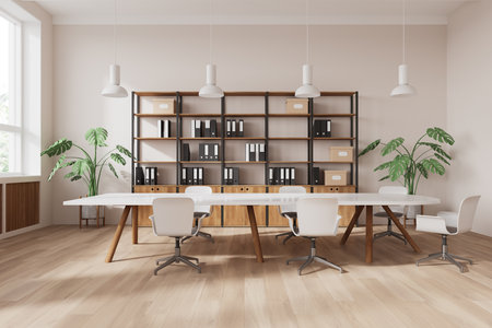 Open space office interior with a large table, chairs, wooden shelves, and plants. Modern design with a bright atmosphere, suitable for business and coworking concepts. 3D Renderingの写真素材