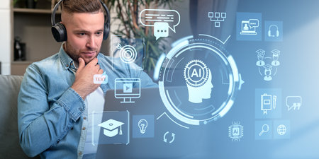 Man with headphones studying on a laptop, surrounded by digital AI icons on a bright background....