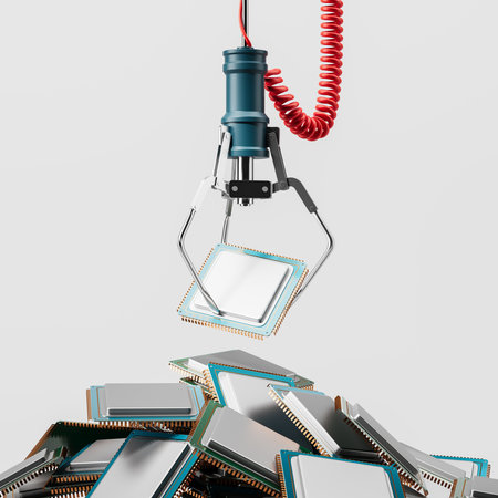 Robotic claw holding a microchip, computer chip processors pile. Concept of modern technologies, CPU...