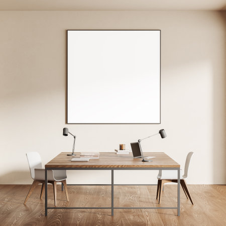 Minimalist interior with a wooden desk, two chairs, and a blank framed poster on a light-colored wall. Concept of modern workspace layout. 3D Renderingの写真素材