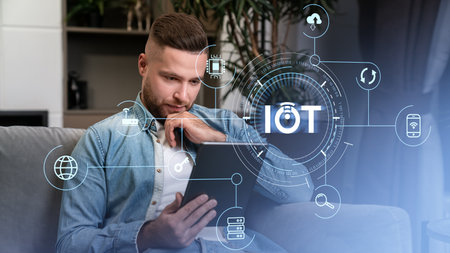 Pensive man using tablet, virtual screen hud IOT icons with binary. Digital technology hologram and network. Concept of global business, social media or connectionの写真素材