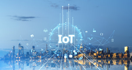 City skyline at dusk with digital icons representing IoT. Blue gradient background. Concept of global connectivity and internet of things technologyの写真素材