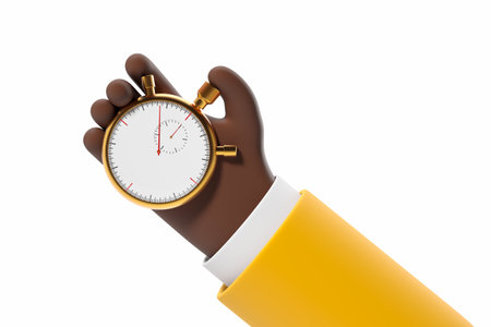 Hand holding a golden stopwatch with a white dial, yellow sleeve, on a white background. Concept of time management and precision. 3D Renderingの写真素材