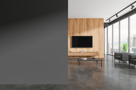 Image of a modern living room interior with a blank wall on the left and wooden paneling, a TV, and large windows on the right. Concept of empty wall and interior design. 3D Renderingの写真素材