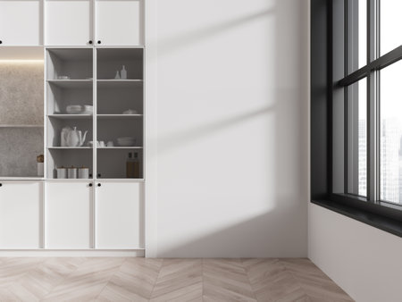 White home kitchen interior with cooking cabinet and cupboard, dishes and plates. Panoramic window on skyscrapers. Mockup empty copy space wall. 3D renderingの写真素材