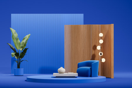 Blue living room interior with soft armchair and stone coffee table on pedestal, books and vase with plant. Wooden privacy screen. Concept of rest and lounge. 3D rendering illustrationの写真素材
