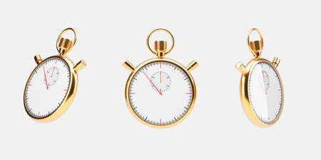 Three golden stopwatches shown from different angles on a white background. Concept of precision and time management. 3D Renderingの写真素材