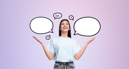 Successful and inspired asian businesswoman with hands raised, copy space empty thought bubbles on...