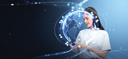 Young woman finger touch phone, double exposure glowing earth sphere and business online network,...