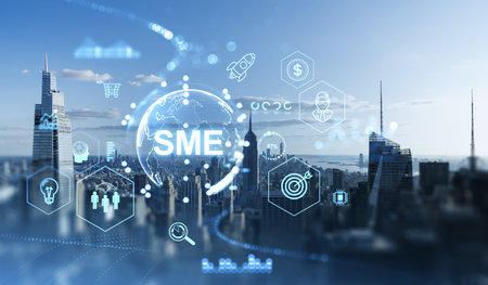 A digital overlay of business icons above the Manhattan skyline, reflecting innovation and growth in urban settingsの写真素材