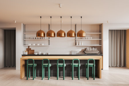Modern kitchen featuring green bar stools, copper pendant lights, and minimalist shelving on a neutral background. Concept of contemporary interior. 3D Renderingの写真素材