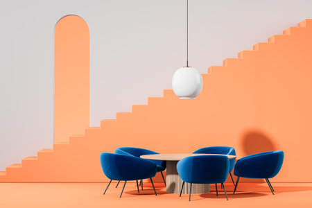 Colored home living room interior with round table and blue armchairs, stairs and arch doorway. Meeting or dining space in abstract apartment. 3D rendering illustrationの写真素材