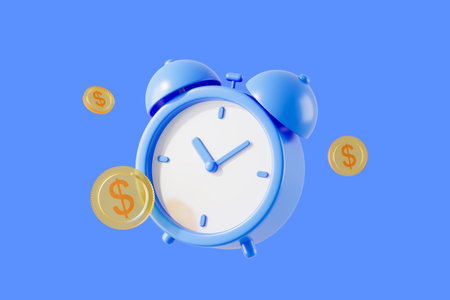 Cartoon blue alarm clock with dollar coins falling, blue background. Concept of long term...
