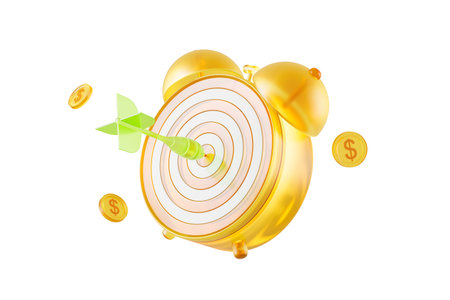A golden alarm clock with a dart hitting a target, surrounded by flying coins, on a bright...