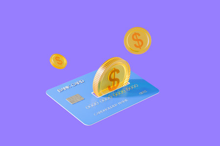 Credit card and glass dollar coins falling on light purple background. Concept of bank deposit,...