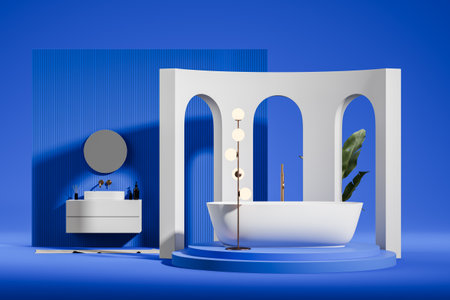A modern bathroom interior with a white bathtub, round mirror, and blue background. 3D Rendering. Concept of contemporary designの写真素材