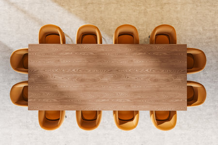 Top view of business room interior with brown armchairs in row, wooden meeting board on concrete...