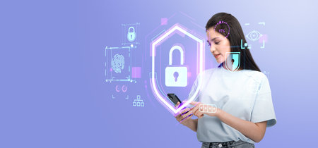 Young woman finger touch phone in hand, glowing digital padlock shield hologram, biometric...