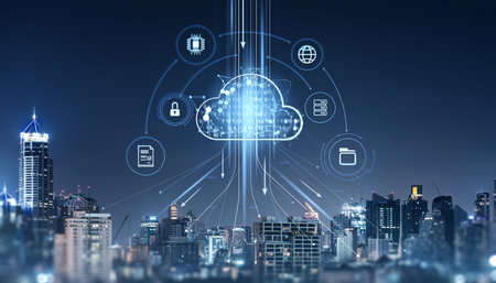 A cloud computing concept illustrated over a city skyline at night, digital style, showcasing...