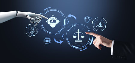 Man and robot finger touch glowing hologram with chat bot and scales. Virtual lawyer and security, Ai ethical codes and policy. Concept of machine learning and rightの写真素材