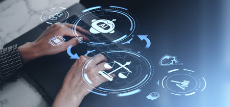 Hands typing on a laptop with AI, ethics, and law symbols on a transparent futuristic interface. Concept of AI and legal tech developmentの写真素材