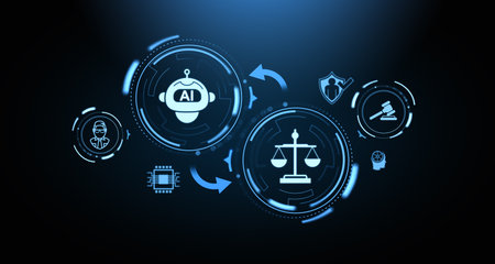 Glowing hologram with chat bot and scales, virtual lawyer and security. Ai ethics or legislation. Concept of regulations in machine learning algorithms. 3D rendering illustrationの写真素材