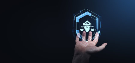 A hand holds a holographic symbol of AI ethics and law, containing scales on a tech-inspired dark background, symbolizing trust and regulationの写真素材
