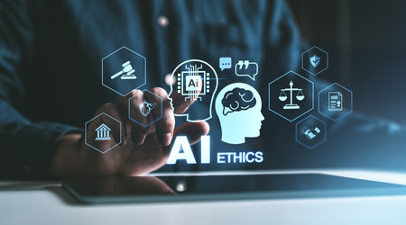 Hand interacting with digital AI ethics and law icons on a transparent interface, against a dark background. Concept of technology and policyの写真素材