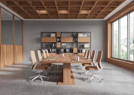 Industrial business interior with conference table and armchairs, shelf with documents on tile floor. Wooden meeting room with panoramic window on tropics. 3D renderingの写真素材