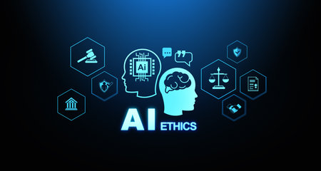 Glowing hologram with AI ethics, human brain and chip, law and legislation icons. Information protection and business policy. Concept of machine learning and regulations. 3D rendering illustrationの写真素材