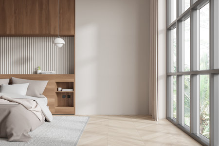 A cozy bedroom with a blank wall, large windows, wooden furniture, and soft bedding, offering a mockup layout concept. 3D Renderingの写真素材