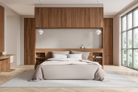 Cozy bedroom with wood furniture, neutral bedding, and large window. Clean and minimalistic design with soft lighting. 3D Renderingの写真素材