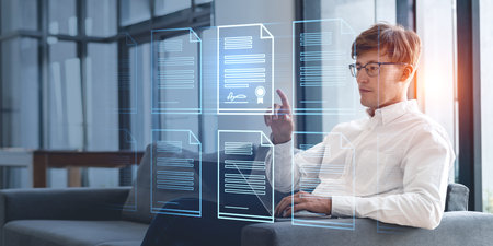 Businessman finger touch virtual screen hologram hud, electronic document files in row and certificate. Concept of online electronic signature and contractの写真素材