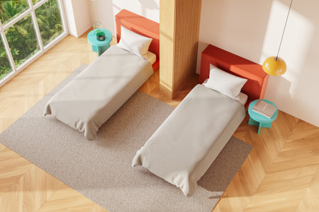 Top view of hotel bedroom interior with twin bed, colored nightstand with decoration, carpet on hardwood floor. Room divider and panoramic window on tropics. 3D renderingの写真素材