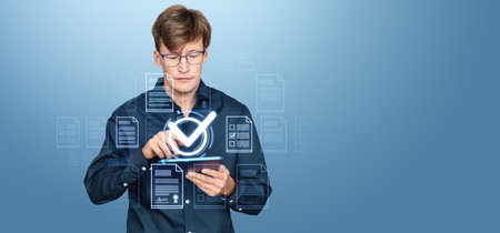 Man interacts with digital document holograms on a blue background, illustrating online verification and approval in business contextsの写真素材