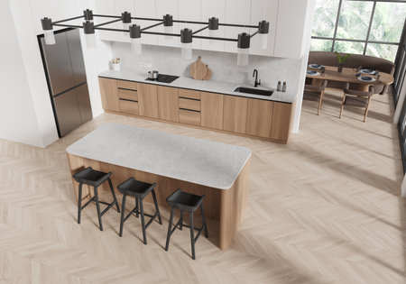 Top view of home kitchen interior with dining table and bar island, cooking cabinet with kitchenware. Eating space with panoramic window on tropics. 3D renderingの写真素材