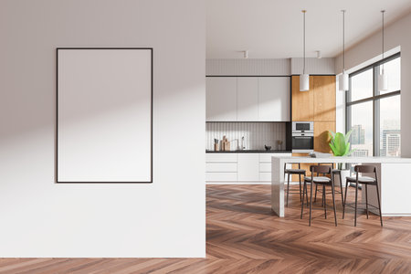 Home kitchen interior with bar counter and cooking space, hardwood floor. Panoramic view on skyscrapers. Mock up canvas poster on partition. 3D renderingの写真素材