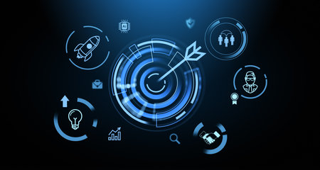 Glowing business goal hologram, work process, lightbulb and target. Concept of startup, strategy, analysis, operations and success. 3D rendering illustrationの写真素材