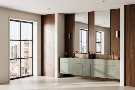 Corner view of home bathroom interior with double sink, wooden shelf with accessories and mirrors in row. Panoramic window on skyscrapers. 3D renderingの写真素材