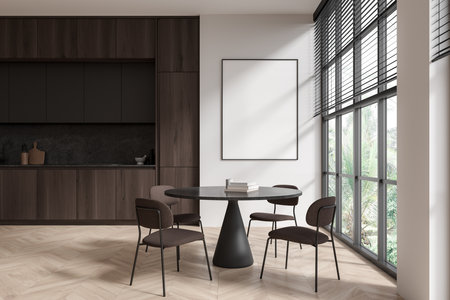 Stylish home kitchen interior with dark wooden cabinet, eating table and chairs on hardwood floor. Panoramic window on tropics. Mock up blank poster on partition. 3D renderingの写真素材
