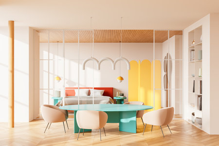 Bright home interior round eating table and armchairs, sleeping space with bed and privacy screen, glass partition. Shelf with art decoration and mirror. 3D renderingの写真素材