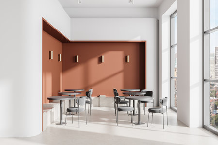 Light cafeteria interior with chairs and tables in row, concrete floor. Minimalist cafe dining space with minimalist furniture. Panoramic window on skyscrapers. 3D renderingの写真素材