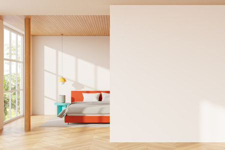 Bright hotel bedroom interior with bed and colored nightstand, columns and carpet on hardwood floor. Panoramic window on tropics. Mock up empty wall partition. 3D renderingの写真素材