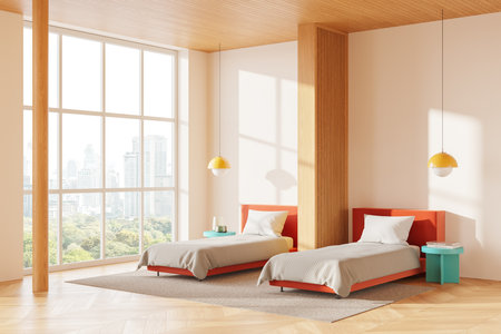 Two single beds with orange headboards, a beige bedspread, and modern decor in a room with floor-to-ceiling windows. Bright and minimalist space. 3D Rendering.の写真素材