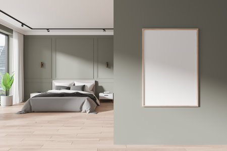 Molding home bedroom interior bed and nightstand with decoration, hardwood floor. Panoramic window on city skyscrapers. Mock up canvas poster on partition. 3D renderingの写真素材