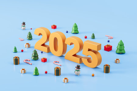 Festive 2025 New Year scene with decorations, snowmen, and trees on a blue background. Concept of upcoming celebrations. 3D Renderingの写真素材
