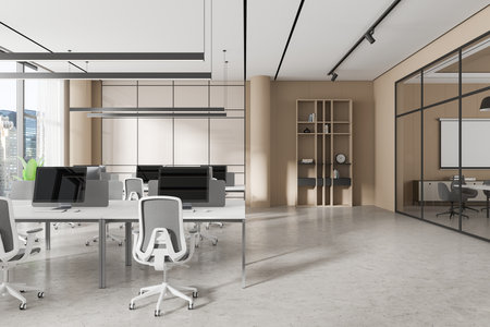 Spacious open office interior with workstations, chairs, and a glass meeting room. Modern design, neutral tones, and city views. Business concept. 3D Renderingの写真素材