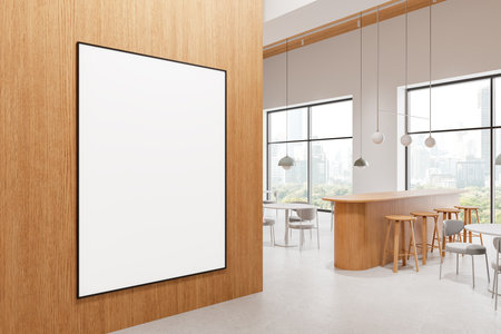 Blank poster mockup on wooden wall in modern cafe interior with large windows and city view. Concept of advertising display. 3D Renderingの写真素材