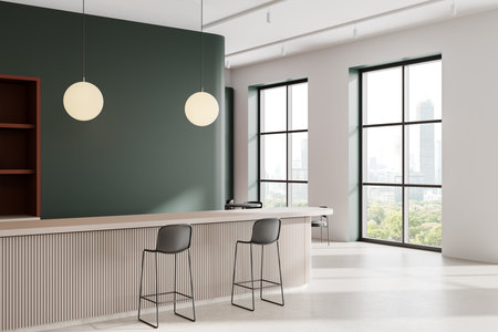 Minimalist kitchen design with stools, pendant lights, and large windows in a modern setting. Clean and sleek interior on a cityscape backdrop. 3D Renderingの写真素材