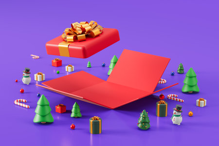 Mockup empty opened red gift box, small green trees, candy canes and snowmen on purple background. Concept of new year celebration, presents and holiday. 3D rendering illustrationの写真素材